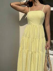 Sunnyshic Women's Yellow Spaghetti Strap Midi Dress With Waist Cinching And A-Line Silhouette, Suitable For Beach, Vacation, Casual Outing, Date, Versatile All-Match, Fashionable, Spring/Summer, Back To School Season - Yellow - View 5