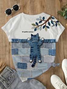 EMERY ROSE Áo thun nữ tay ngắn cổ tròn màu trắng denim phối họa tiết mèo và lá, kiểu dáng leo núi thường ngày, thích hợp cho mùa xuân, hè và thu. - Nhiều màu - Xem 2
