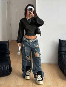 Coolane 休闲简约黑色蓬松面料卫衣，女士长袖收腰卫衣，百搭街头风，适合秋冬季穿着 - 黑色 - 查看 4