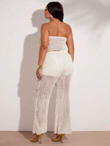 SHEIN BAE Plus Size Women's Apricot Sheer Bandeau Top And Straight Leg Pants Set Summer Pant Set Mesh Pant Set, Summer Outfits - Apricot - View 3