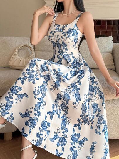 DAZY Vestido de verano de longitud media sin mangas con estampado floral elegante para invitada de boda