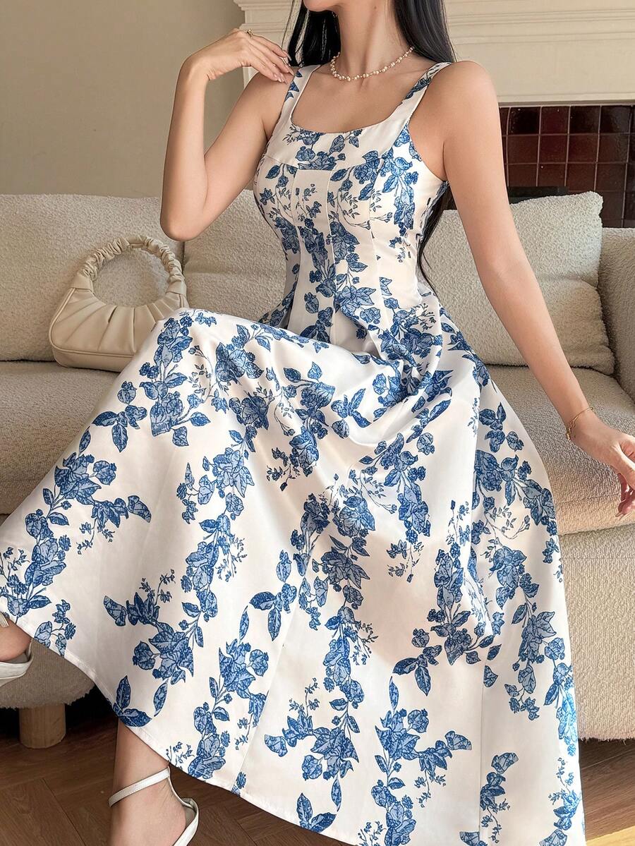 DAZY 女士优雅印花无袖中长连衣裙，夏季婚礼宾客礼服 - 藍色 - 查看 1