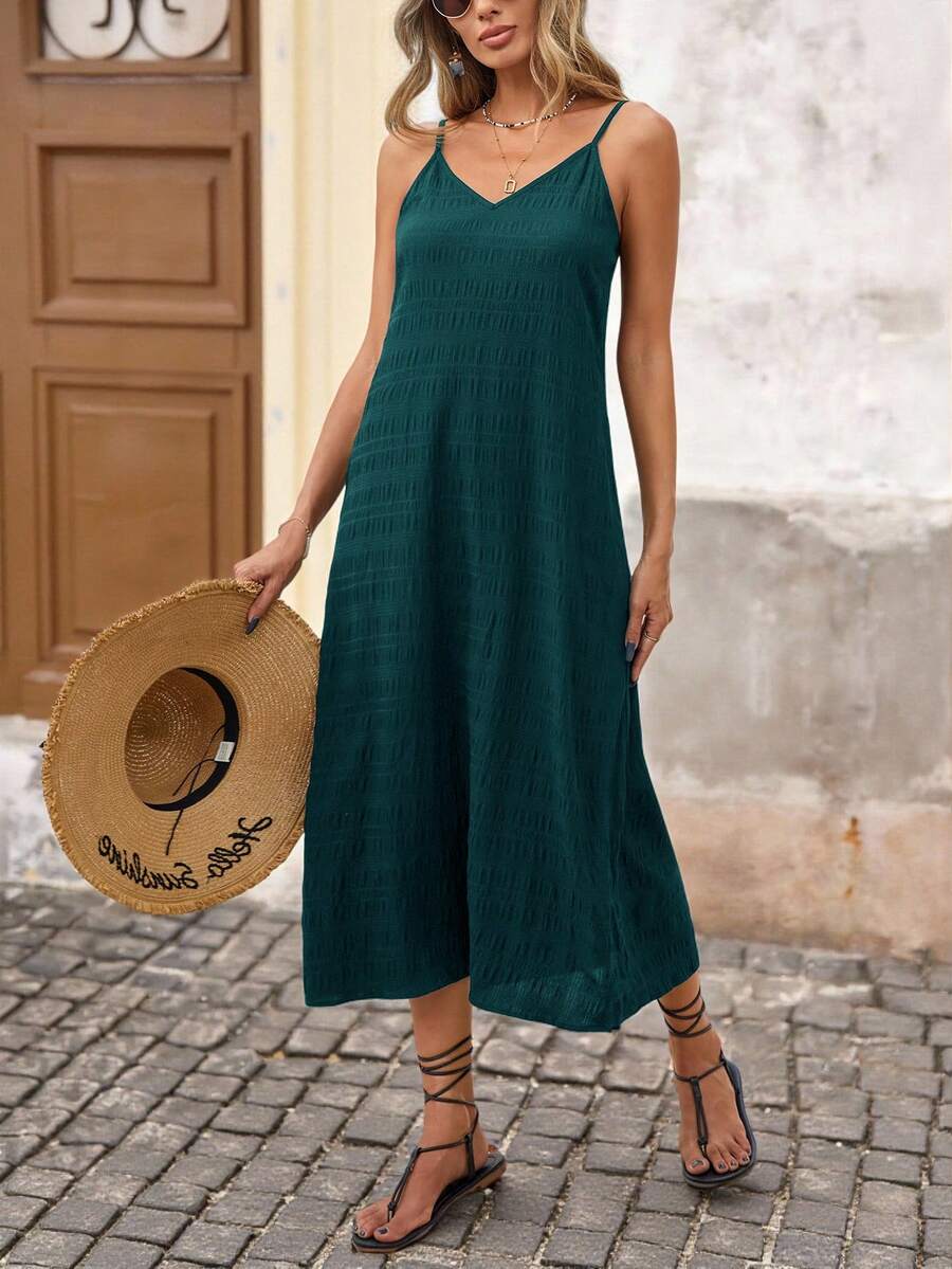 Brillora 度假风纯色编织吊带纹理面料中长连衣裙 - 墨綠色 - 查看 1