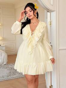 Celure 大码女式V领长袖褶皱腰部喇叭裙摆舒适优雅连衣裙 - 杏色 - 查看 6