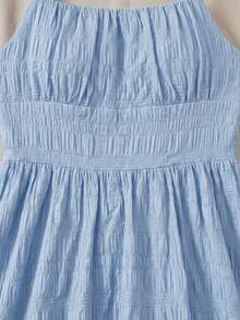 SHEIN 少女夏季休闲度假纯色荷叶边无袖吊带连衣裙，适合夏季约会之夜、海滩度假、女生郊游、海滩度假装扮、女士太阳裙 - 藍色 - 查看 5