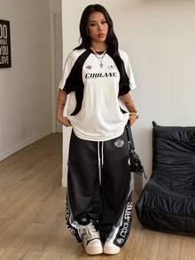 Coolane 女士街头风超大款赛车摩托车印花撞色插肩袖T恤 - 黑色 - 查看 2