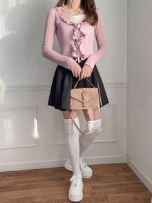 FRIFUL Women's Solid Color Ruffle Trim Layered Slim Fit Lightweight Cardigan, Versatile - Pink - View 2