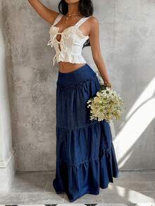 Sunnyshic 女士休闲水洗加长牛仔裙 - 藍色 - 查看 3