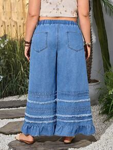 SHEIN Holidaya Plus Size Women Casual Ruffle Hem Wide Leg Jeans - Medium Wash - View 2