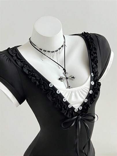 Elamini 泡泡袖二合一撞色荷叶边修身休闲短袖T恤，女士春夏款