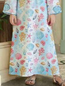 Watercolor Light Blue, Mermaid Princess Shell, Starfish, Pearl Ocean Pattern Print, Kids Jalabiya, Young Girls Casual Fashion V-Neck Loose Traditional Long Sleeve Arabic Maxi Dress, Suitable For Spring/Summer Daily, Vacation, Festival, Sweet Fashion Long Sleeve Dress, Kids Prayer Abaya, Easy Comfort, Casual Wear, Modest Kaftan, Kids Jalabiya, New Style - Multicolor - View 4