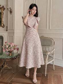 DAZY 女士优雅纹理荷叶边下摆圆领中长连衣裙，夏季 - 粉色 - 查看 5