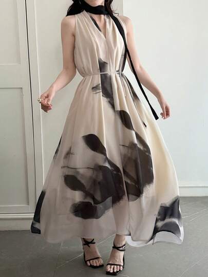 DAZY 女士优雅印花撞色系带无袖连衣裙，夏季