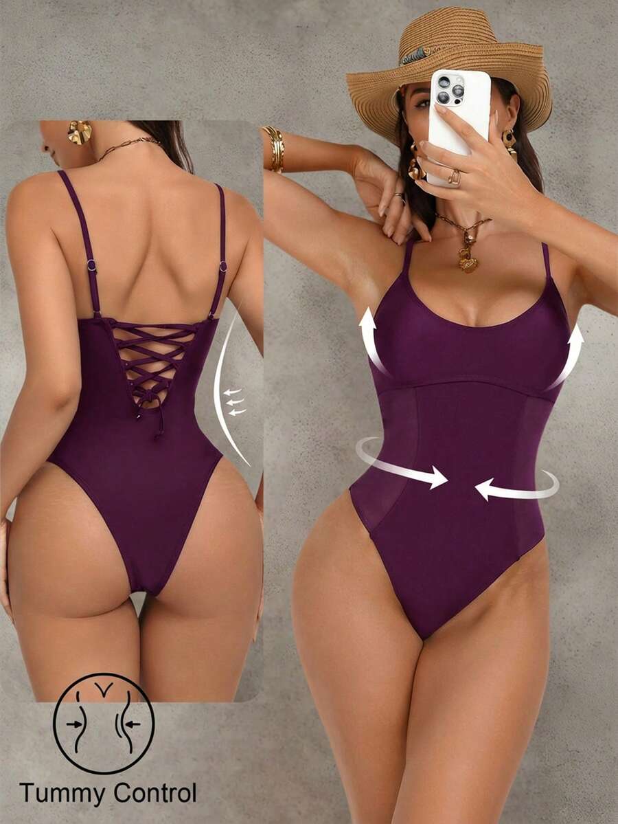 Shapewave Áo tắm liền thân nữ bằng vải lưới phối nhiều mảnh, có dây rút, ôm bụng, nâng ngực, màu đen, cổ tròn. - Màu đỏ tím - Xem 1