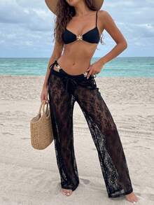 SHEIN MOD Women's Sheer All-Over Print Cover-Up Pants, Suitable For Summer Beach, Black Lace Pants, Beach Pants,  Elegant Women's Beach Pants, Holiday, Vacation Woman, Festival - Black - View 2