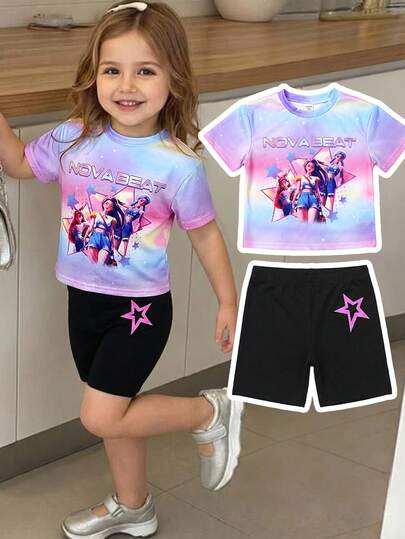 SHEIN 两件套女婴休闲宽松卡通人物及韩流明星印花圆领长袖卫衣，舒适保暖，适合秋冬季节，圣诞礼物，叠穿单品