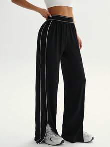 Dewbera Women's Loose Fit Straight Leg Sweatpants With Pockets, Waistband Contrast Stripe, High Stretch Elastic Waist, Suitable For Daily Casual Wear, Running, Yoga, Gym, Tennis, Golf, Autumn/Winter Athleisure Wide Leg Pants Palazzo Pants Women Loose Pants - Black - View 2