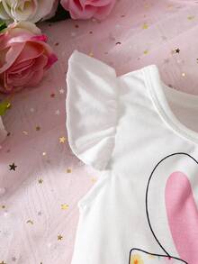 SHEIN 2pcs/Set Baby Girls Cute Rabbit Print Short Sleeve Top And Pants Set, Summer - White - View 6