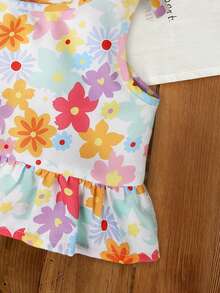 LMoss Kids 2pcs Baby Girl Floral Print Chiffon Sleeveless Top And Long Pants Summer Outfit Set - Multicolor - View 3