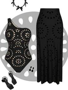 Swim Oasis 女士新款纯色激光镂空单肩抹胸泳衣及激光镂空长裙两件套，修身款，春夏款 - 黑色 - 查看 3