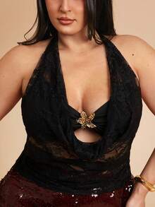 SHEIN BAE 大码女式深V领海星装饰露脐蕾丝吊带上衣，性感上衣，夏季度假上衣，沙滩上衣，金属花朵上衣，Y2K风格上衣 - 黑色 - 查看 5