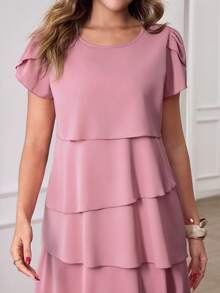 Miaspire 女士纯色圆领花瓣短袖层叠荷叶边下摆时尚连衣裙，适合春夏度假穿着 - 淺粉色 - 查看 9