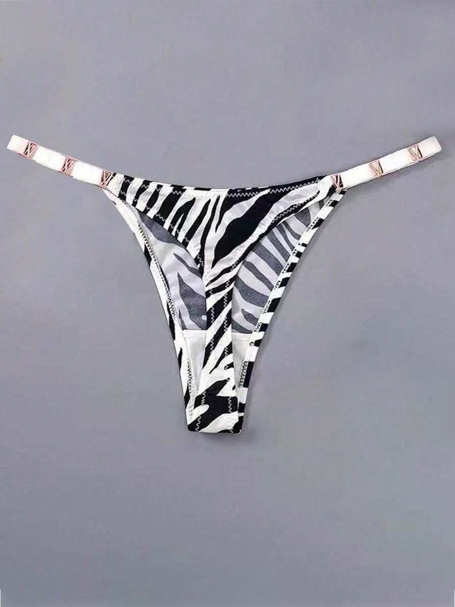 ROMWE Goth Zebra Print Buckle Strap Sexy G-String Panty Lingerie - Black and White - View 1