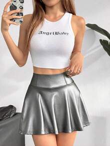 SHEIN EZwear 女士时尚街头风金属PU迷你裙，内置短裤，银色短裤，银色裙子，女士金属色服装，女士短裙，银色短裙 - 灰色 - 查看 5