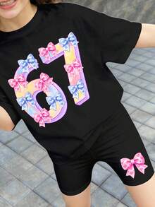 两件套少女休闲数字蝴蝶结装饰短袖T恤和短裤套装，适合音乐节、校园、街头、户外野餐、郊游、街头摄影、居家穿着。 - 黑色 - 查看 5