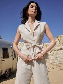 Dazy-Less 春夏优雅无袖外套上衣搭配直筒裤套装，休闲通勤装，复古富贵风格女装 - 白色 - 查看 2