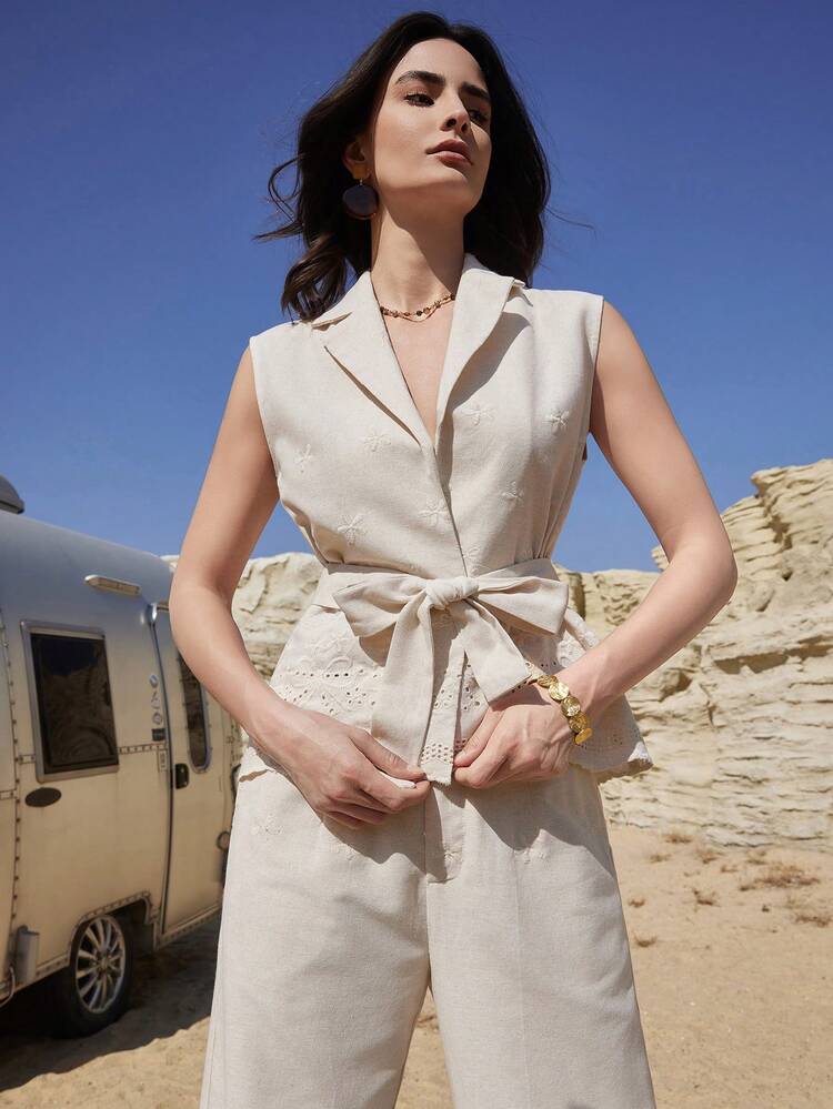 Spring/Summer Elegant Sleeveless Jacket Top And Straight Leg Pants Set, Casual Commuter Outfit, Old Money Style For Women Business Casual Woman