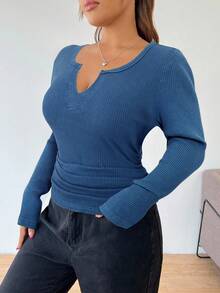 Solflare 大码休闲蓝色雪花镂空领口 T 恤，春秋季 - 藍色 - 查看 6