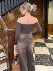 Bethéva Off Shoulder Solid Bodysuit - Coffee Brown - View 2