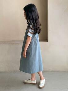DAZY Young Girls Round Neck Striped Korean Style Short Sleeve T-Shirt And Denim Suspender Skirt 2-Piece Set - Blue - View 3