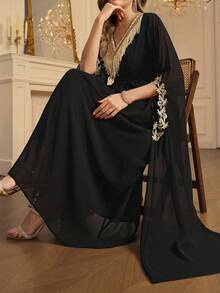 Ellevyn Damen neue elegante Kleid mit geraffter Taille, individuellem Quastenbesatz am Kragen, Blumenmuster, schwarzer Chiffon, Langarm, Schlitz-Saum, klassisches schwarzes Kleid, geeignet für Familientreffen und verschiedene Anlässe - Schwarz - Übersicht 9