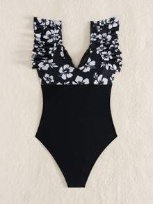 Swim Lushoire 女士夏季休闲沙滩度假随机印花荷叶袖黑色网纱拼接交叉收腹连体泳衣 - 黑與白 - 查看 8