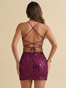 SHEIN BAE 女士优雅收腰亮片花卉装饰迷你派对连衣裙 - 中紫紅色 - 查看 6