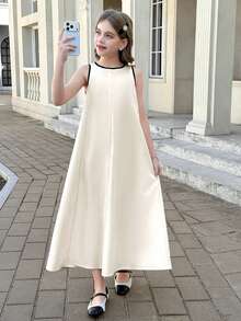 SHEIN 少女时尚优雅无袖圆领连衣裙 - 白色 - 查看 6