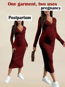 SHEIN 纯色V领扭结长袖修身开衩孕妇连衣裙 - 酒紅色 - 查看 3