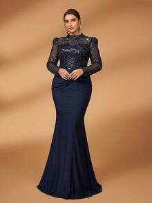 Serin Abito lungo da sirena con maniche lunghe in chiffon, decorato con patchwork di perline e paillettes, in colore blu navy, con arricciature elastiche e dettagli attorcigliati, adatto per matrimoni, feste, vacanze, balli, eventi serali, madre della sposa, taglie comode - Blu Navy - Visualizzare 6