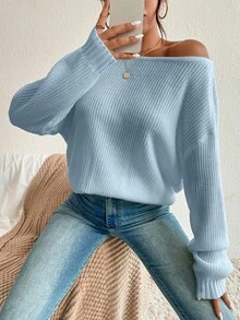 EURMUSE Women's Solid Color Loose Fit Dropped Shoulder Long Sleeve Criss-Cross Back Sweater, Autumn/Winter - Baby Blue - View 6