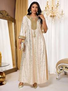 SHEIN Lady Đầm dự tiệc cỡ lớn sang trọng in họa tiết lá vàng. - Nhiều màu - Xem 8
