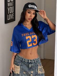 Coolane 女款水藍色夏季街頭風城市度假 Y2K 時尚派對運動風 透氣網布數字圖案 V 領短袖短版 T-shirt - 藍色 - 查看 5