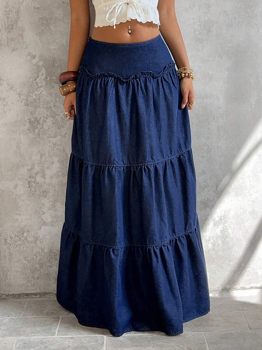 Sunnyshic 女士休闲水洗加长牛仔裙 - 藍色 - 查看 1