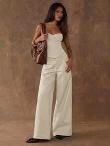 SHEIN BAE Áo quây nữ màu trơn dáng rộng, phối họa tiết xương cá, thích hợp mặc mùa hè. - Màu be - Xem 7