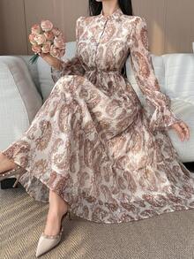 DAZY Women's Waist Cinched All-Over Print Shirt Collar Dress - Brown - View 5