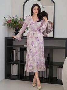 DAZY Women's Elegant Floral V-Neck Puff Sleeve Blouse And Fish Tail Hem Skirt 2-Piece Set, Spring/Summer,Wedding Guest Dress Women - Purple - View 3