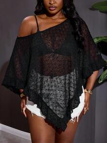 SHEIN CURVE+ Curve 尺码 US22 音乐节、海滨度假、波西米亚风女士黑色折叠半透明休闲钩针披肩，适合春夏外出和约会，沙滩度假罩衫 - 黑色 - 查看 4