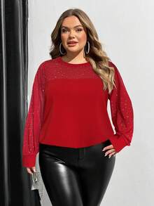 SHEIN CURVE+ 大码长袖女式上衣，日常休闲服装 - 紅色 - 查看 3