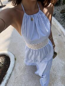 Sunnyshic Women's Blue Striped Summer Halter Backless Contrast Lace Slim Fit Sexy Beach Vacation Party Dress - Blue - View 5